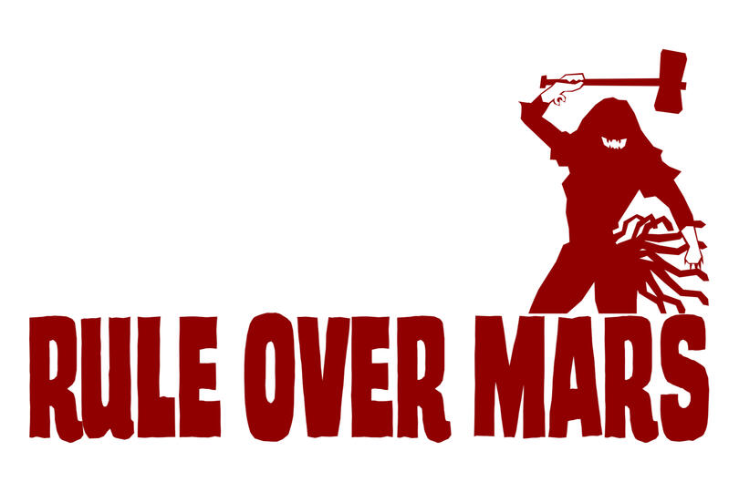 Rule Over Mars logo: Monstrous woman with nine tails brandishing a large hammer over her head.