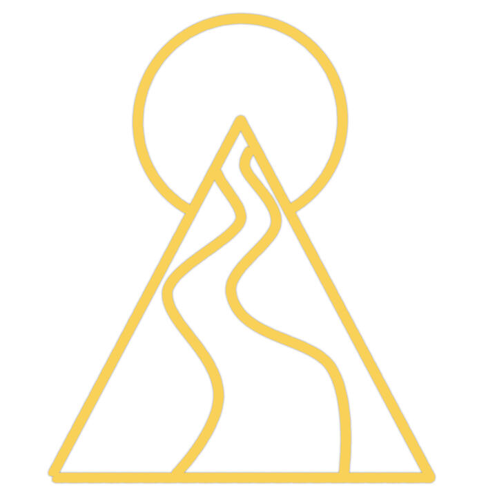 Logo consisting of a winding road inside of an elongated triangle leading to a circle.