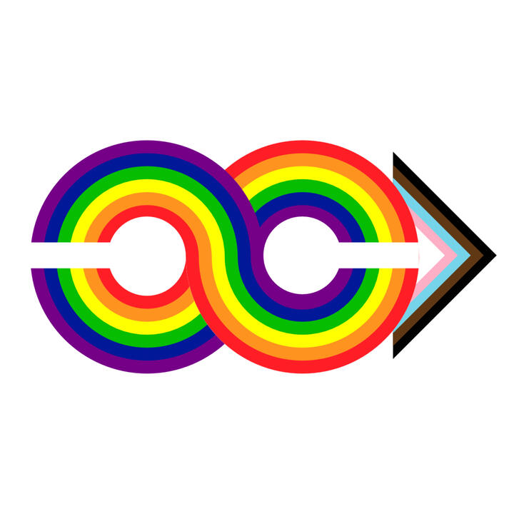 Logo consisting of two overlapping circles in rainbow stripes with a right-pointing arrow in the progressive pride colors.