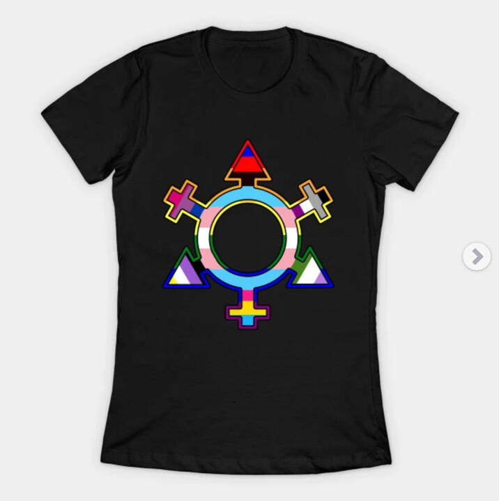 T-shirt with a chaos logo displaying a mix of pride flag patterns.